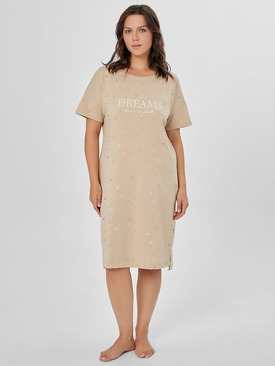 

Сорочка ночная женская бежевая с надписью, Бежевый;звезды на песочном