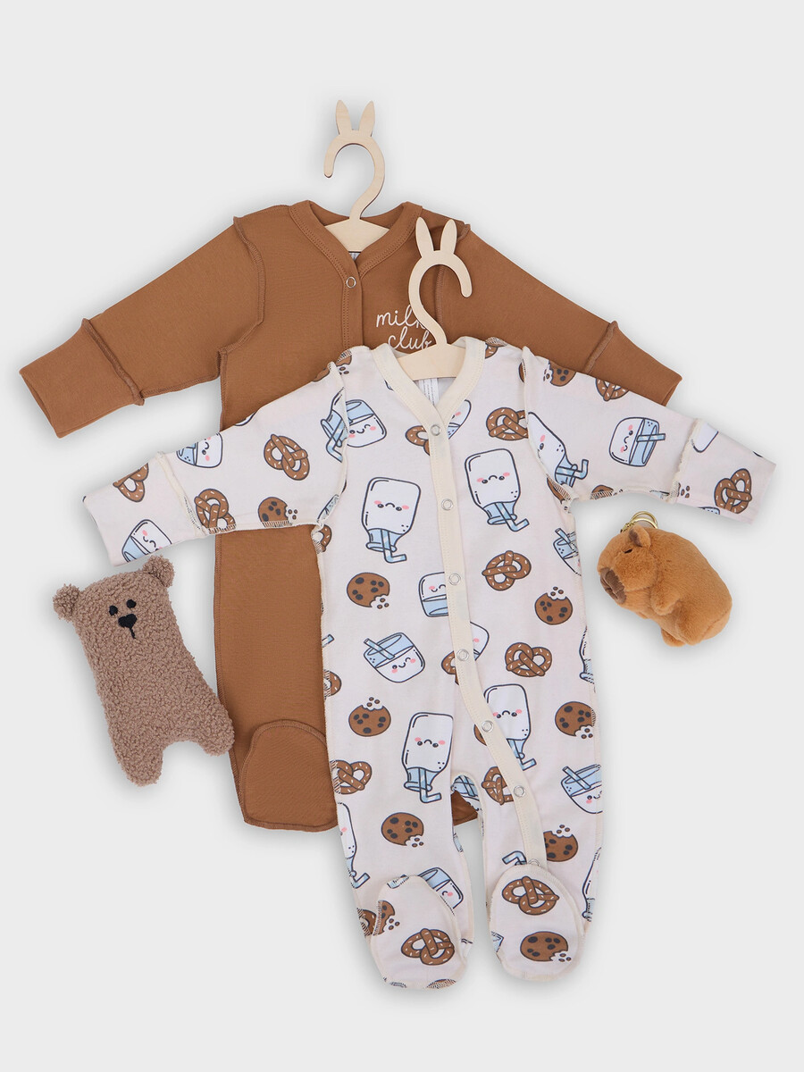 

Комбинезон нательный детский (2шт.), Бежевый;коричневый;печеньки/молочко на молочном +песочный