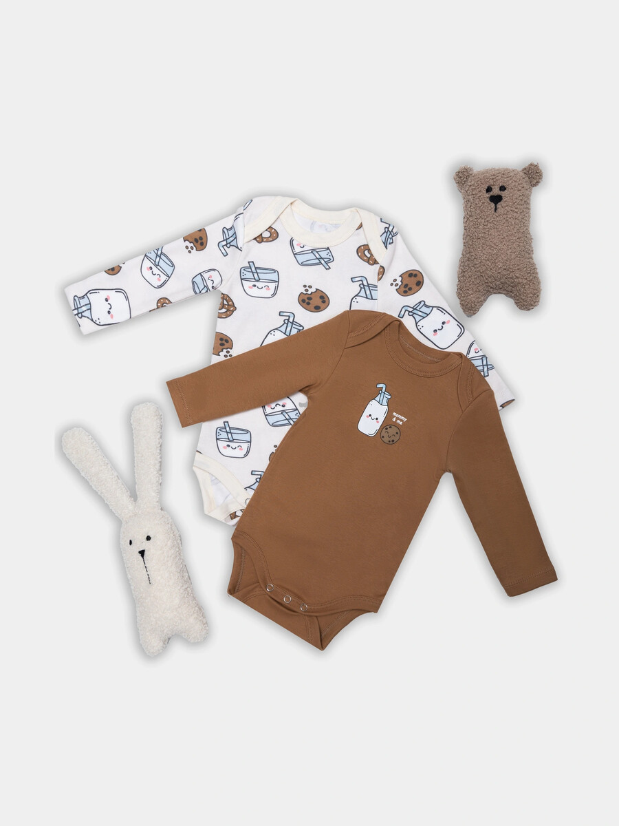 

Боди детское в наборе, 2 шт, Белый;коричневый;печеньки/молочко на молочном +песочный