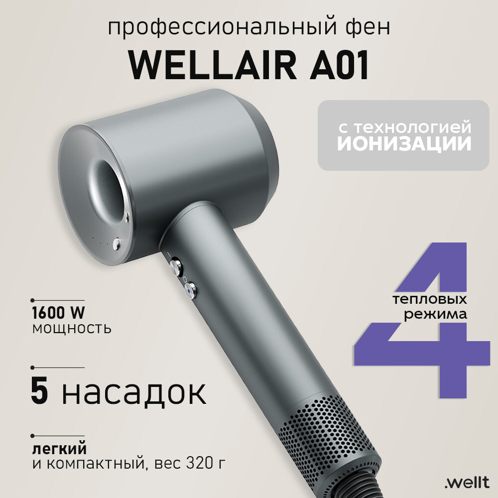 

Фен wellt a01 wellair, 1600 вт, 5 насадок, 3 скорости, 4 температурных режима, ионизация, серый