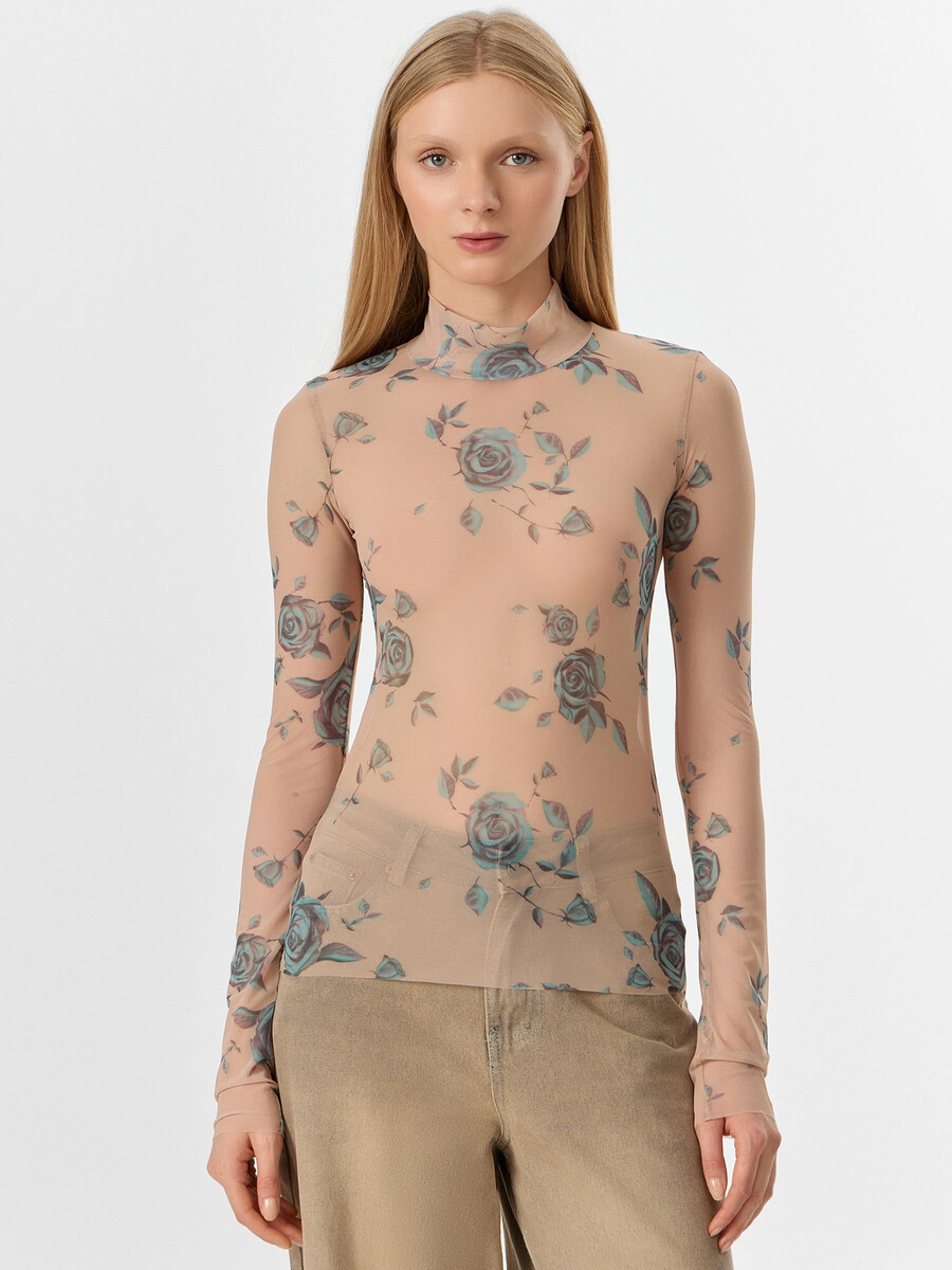 

Джемпер женский бежевый из сетки, Бежевый;розы на марципане