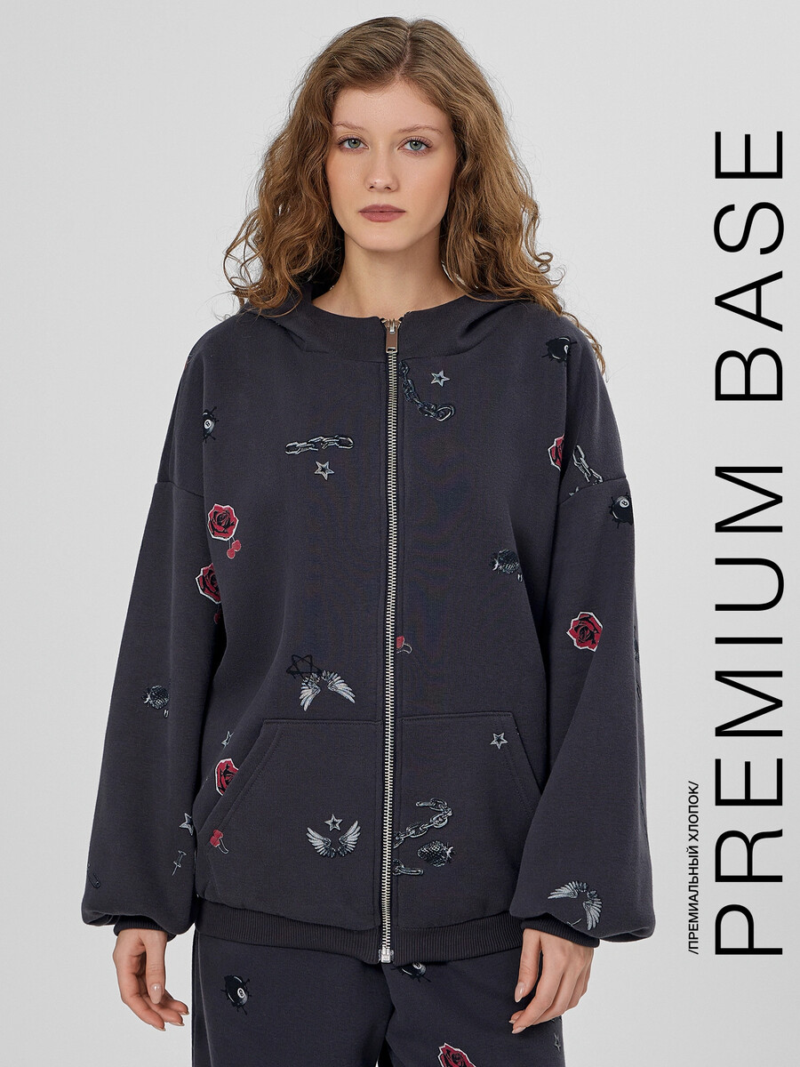 

Толстовка женская серая на молнии, Серый;стикеры на сером