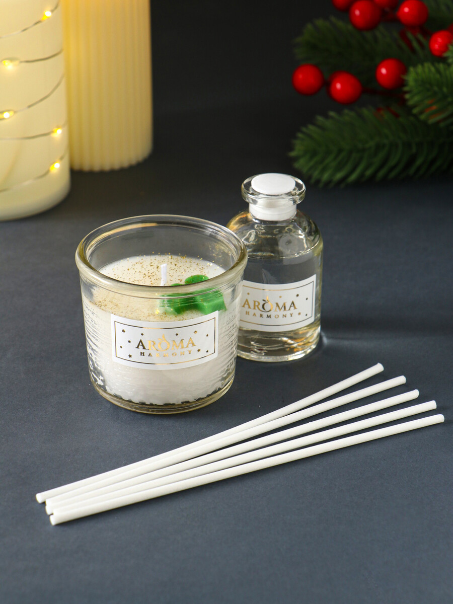 

Новогодний набор ароматический: свеча, диффузор и палочки, Белый