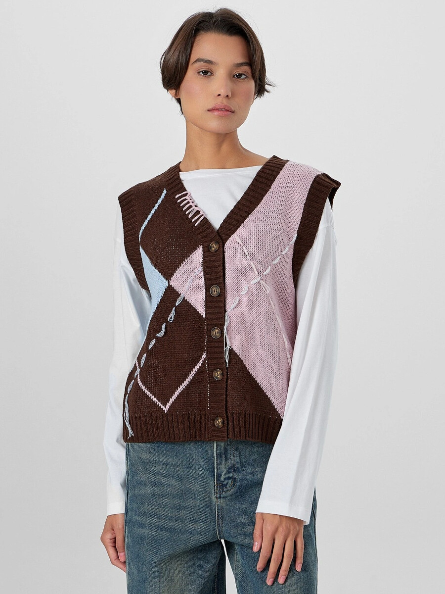 

Жилет женский коричневый, Коричневый;коричневый в ромбы