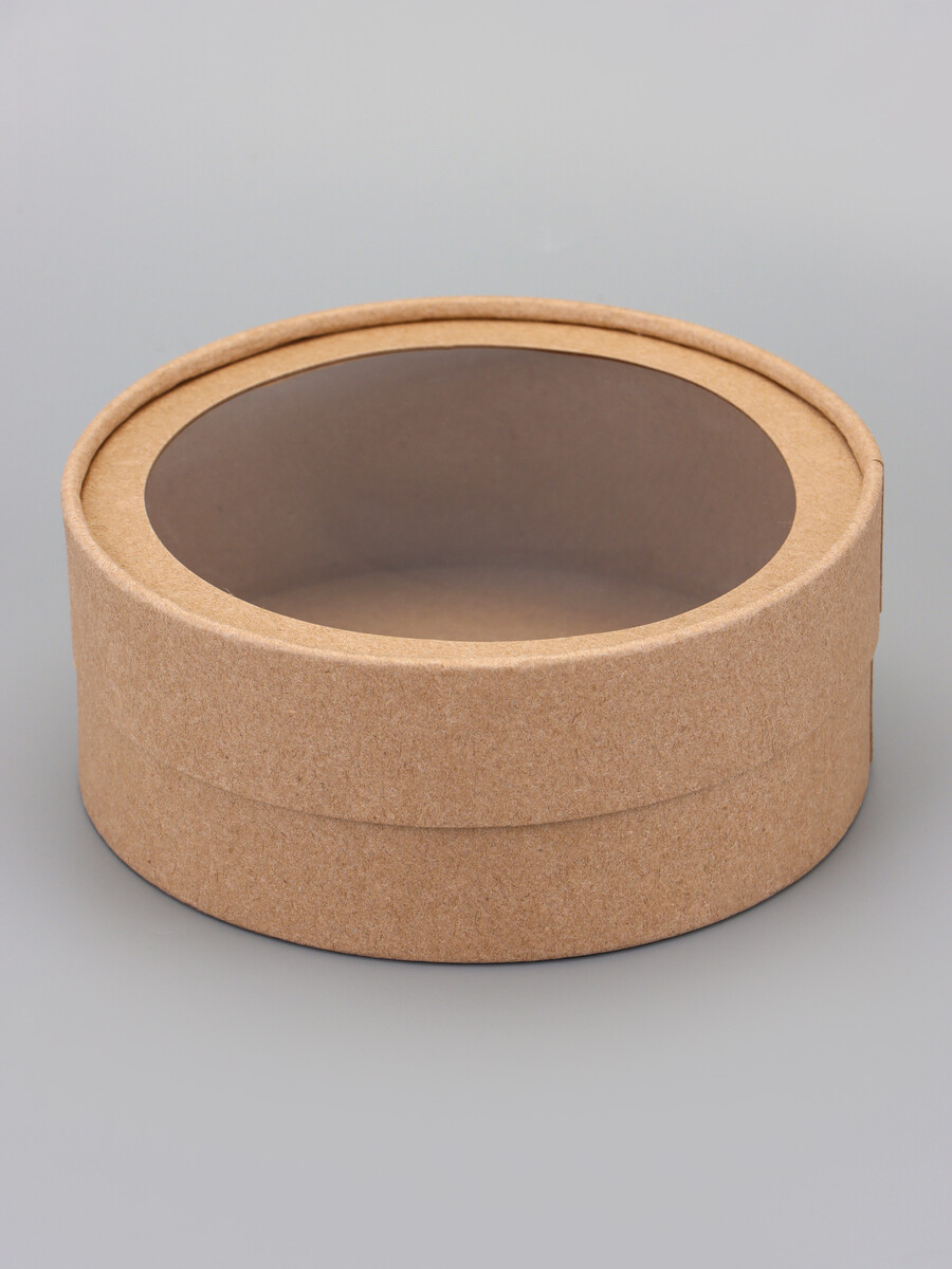 

Коробка круглая подарочная, завальцованная с окном, крафт, 15×6 см, Коричневый;бежевый