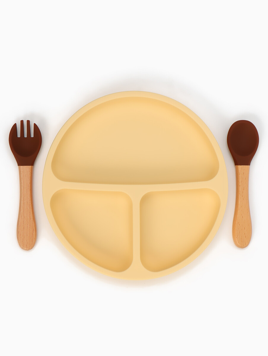 

Тарелка детская секционная с ложкой и вилкой, 3 секции, молочный, mum&baby, Бежевый