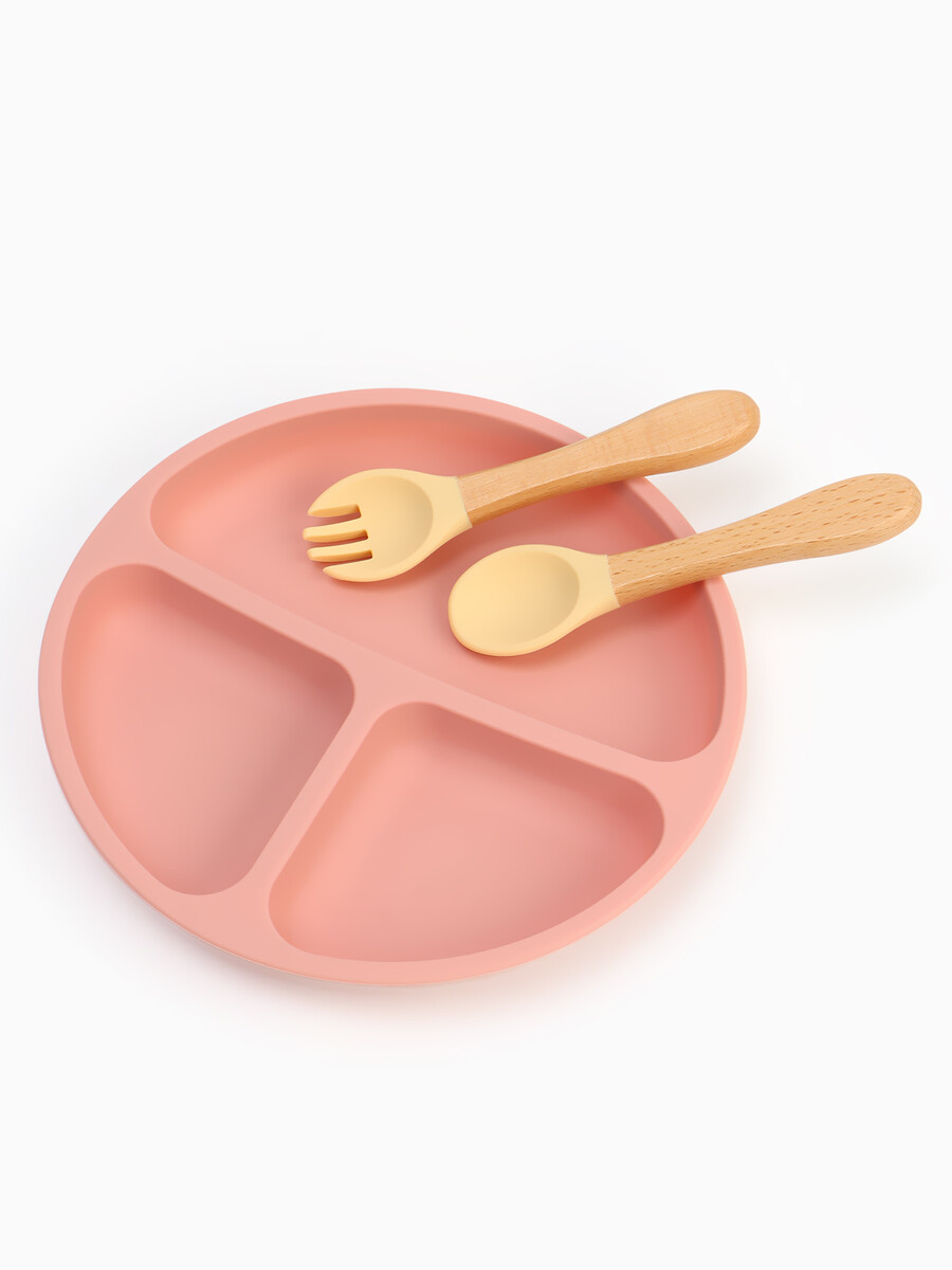 

Тарелка детская секционная с ложкой и вилкой, 3 секции, розовый, mum&baby