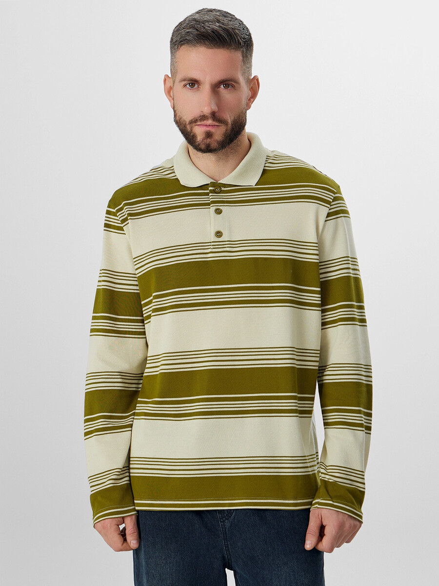 

Поло мужское в полоску, Зеленый;оливковая полоска на молочном