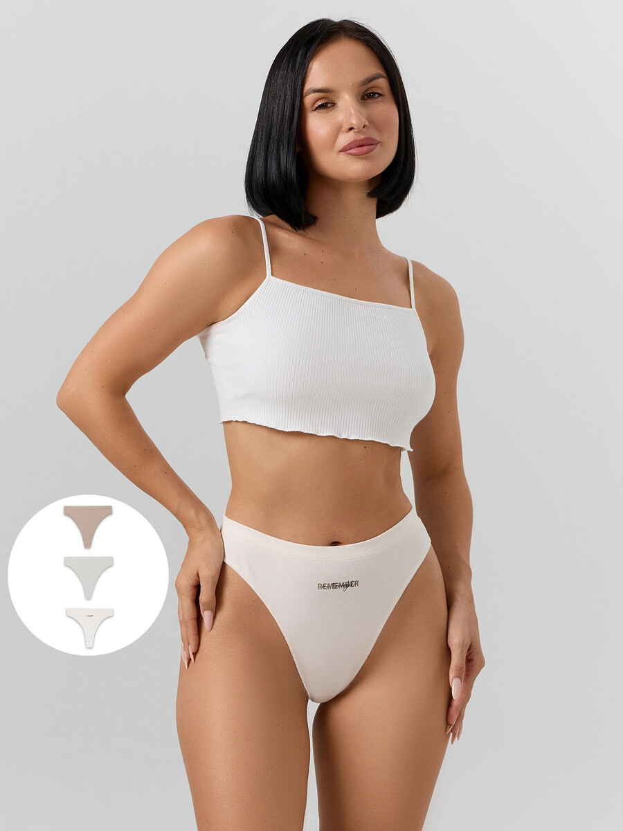 

Трусы бразилиана женские в наборе, 3 шт, Бежевый;молочно -розовый +печать