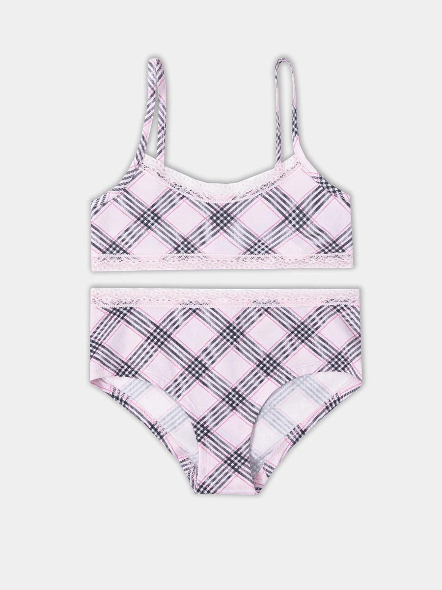 

Комплект для девочек (топ, трусы), Розовый;клетка черно -розовая