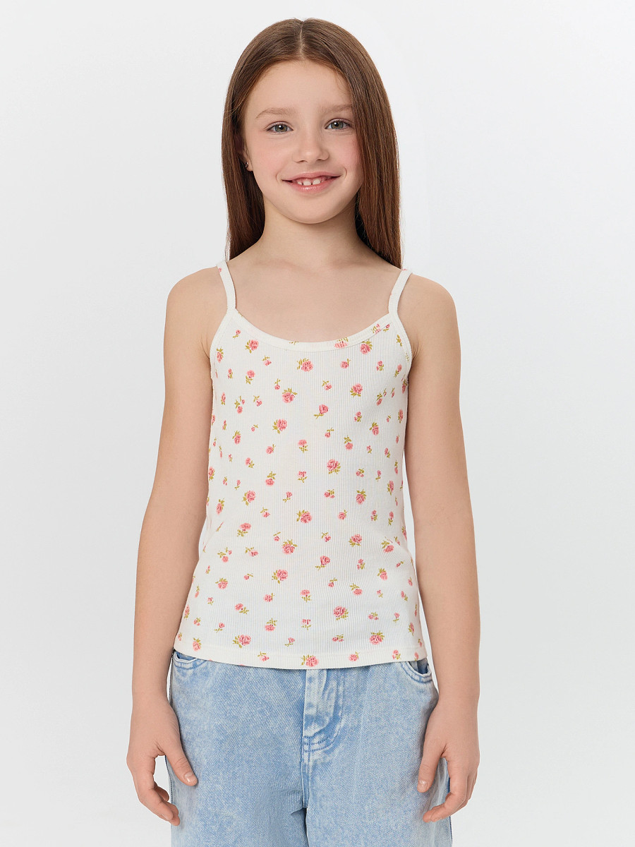 

Топ для девочек бежевый с цветочным принтом, Белый;цветы на св.молочном