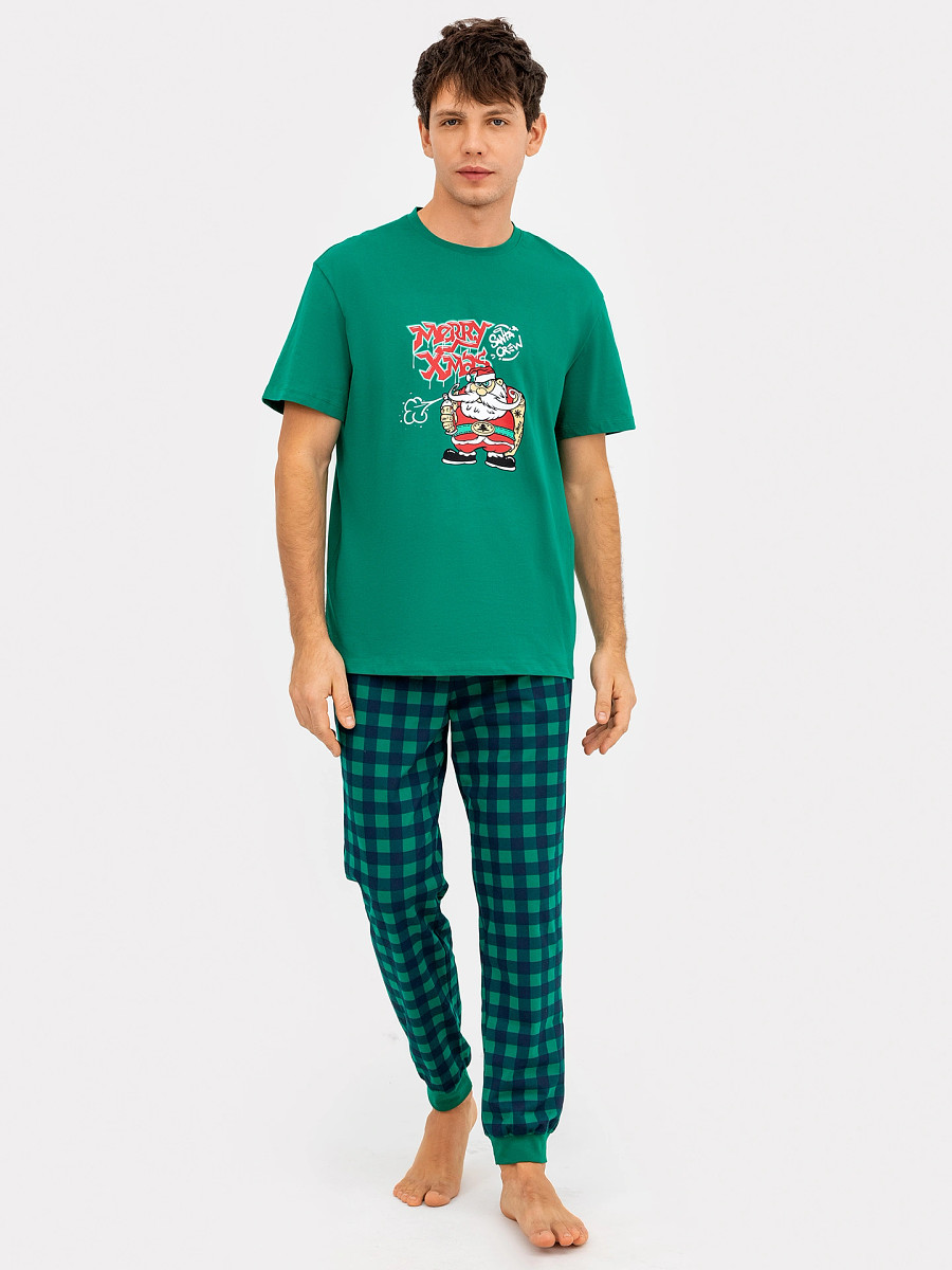 

Комплект мужской новогодний (футболка, брюки), Зеленый;зеленый +сине -зеленая клетка