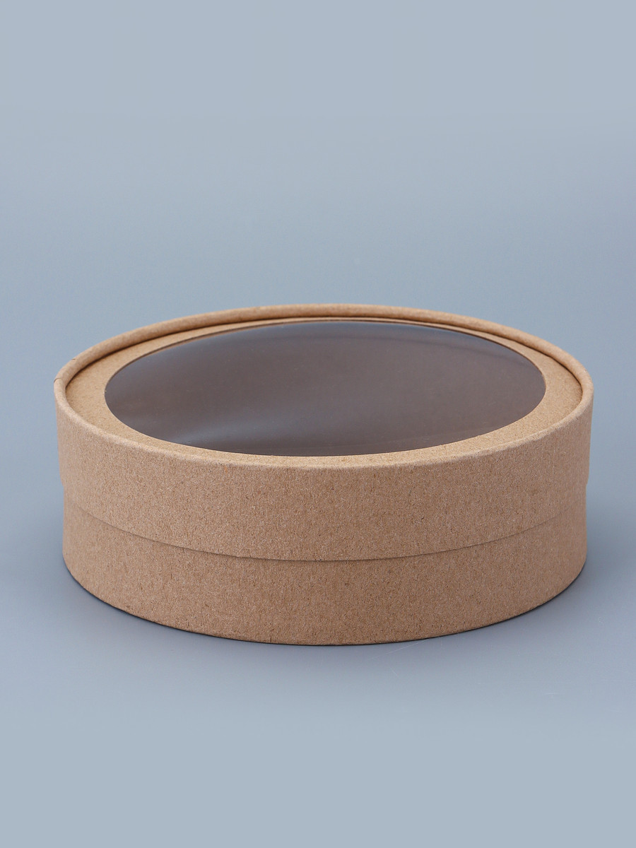 

Коробка круглая подарочная завальцованная с окном, крафт, 18×6 см, Коричневый;бежевый
