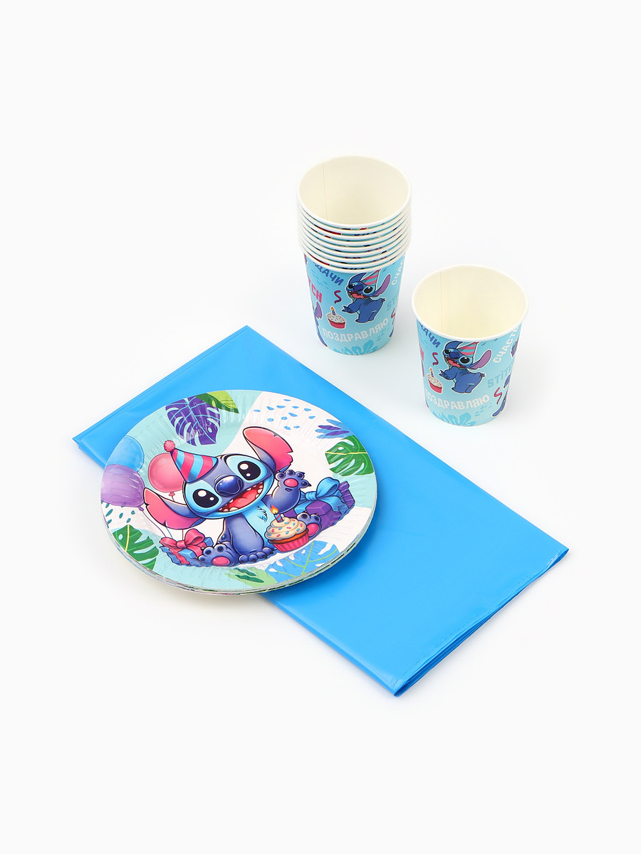 

Посуда одноразовая бумажная на 10 персон: стаканы, тарелки, скатерть, стич, Голубой