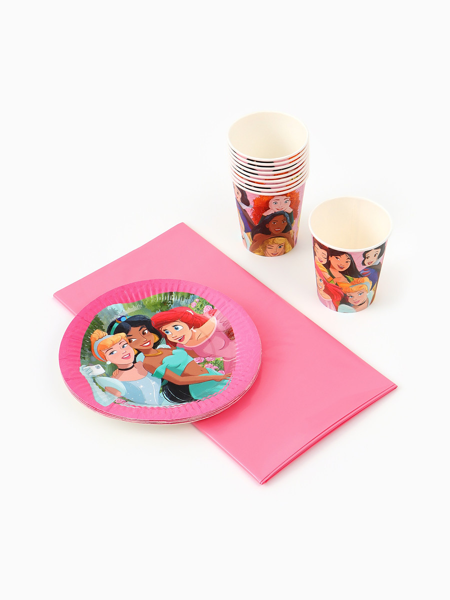 

Посуда одноразовая бумажная на 10 персон: стаканы, тарелки, скатерть, принцессы дисней, Розовый