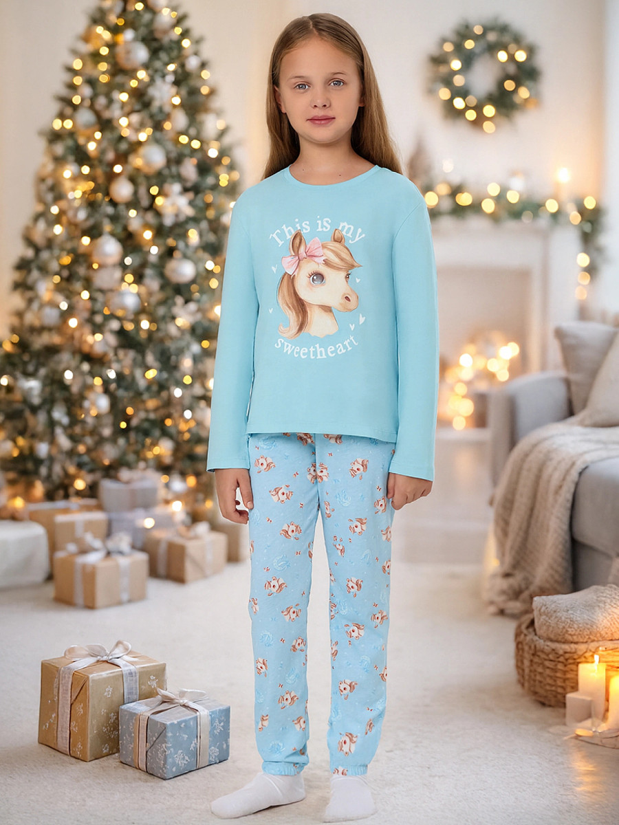 

Комплект для девочек голубой с принтом, Голубой;голубой +милые коники на голубом