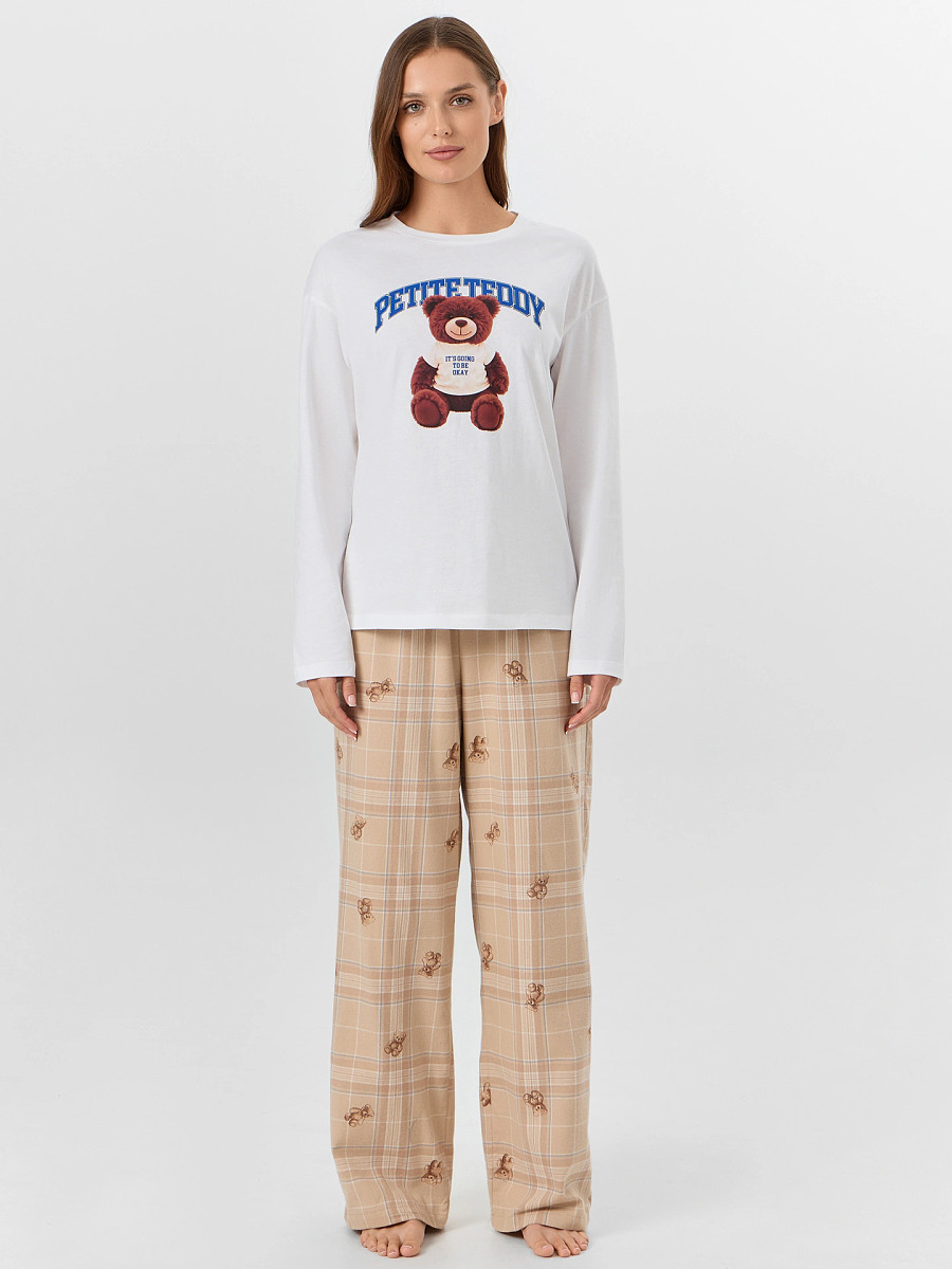 

Комплект женский домашний с надписью, Белый +клетка с мишки на песочном