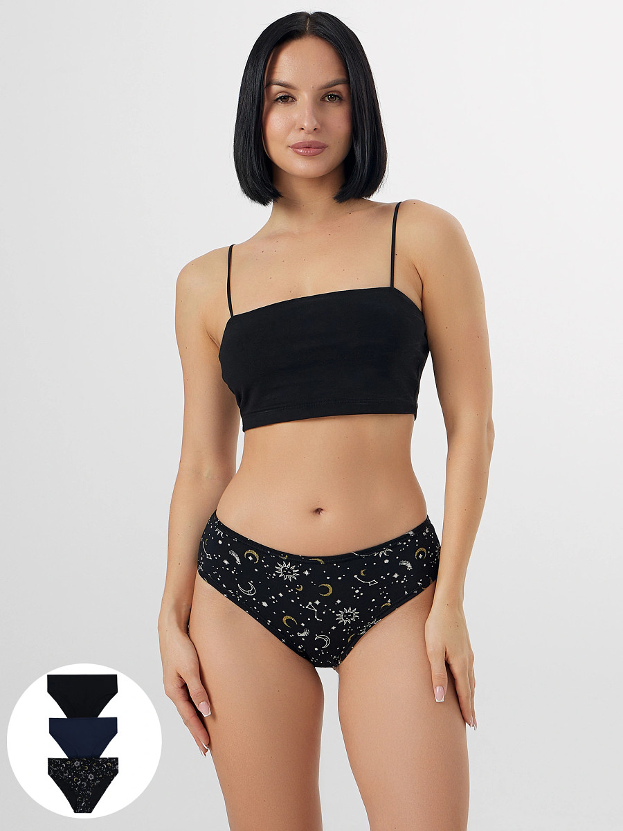 

Трусы классические женские в наборе, 3 шт, Черный;созвездия на черном