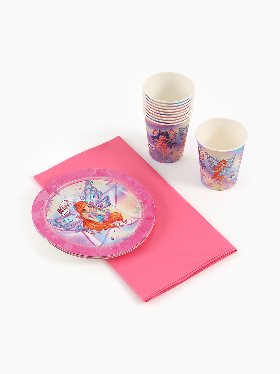 

Посуда одноразовая бумажная на 10 персон: стаканы, тарелки, скатерть, винкс, Разноцветный