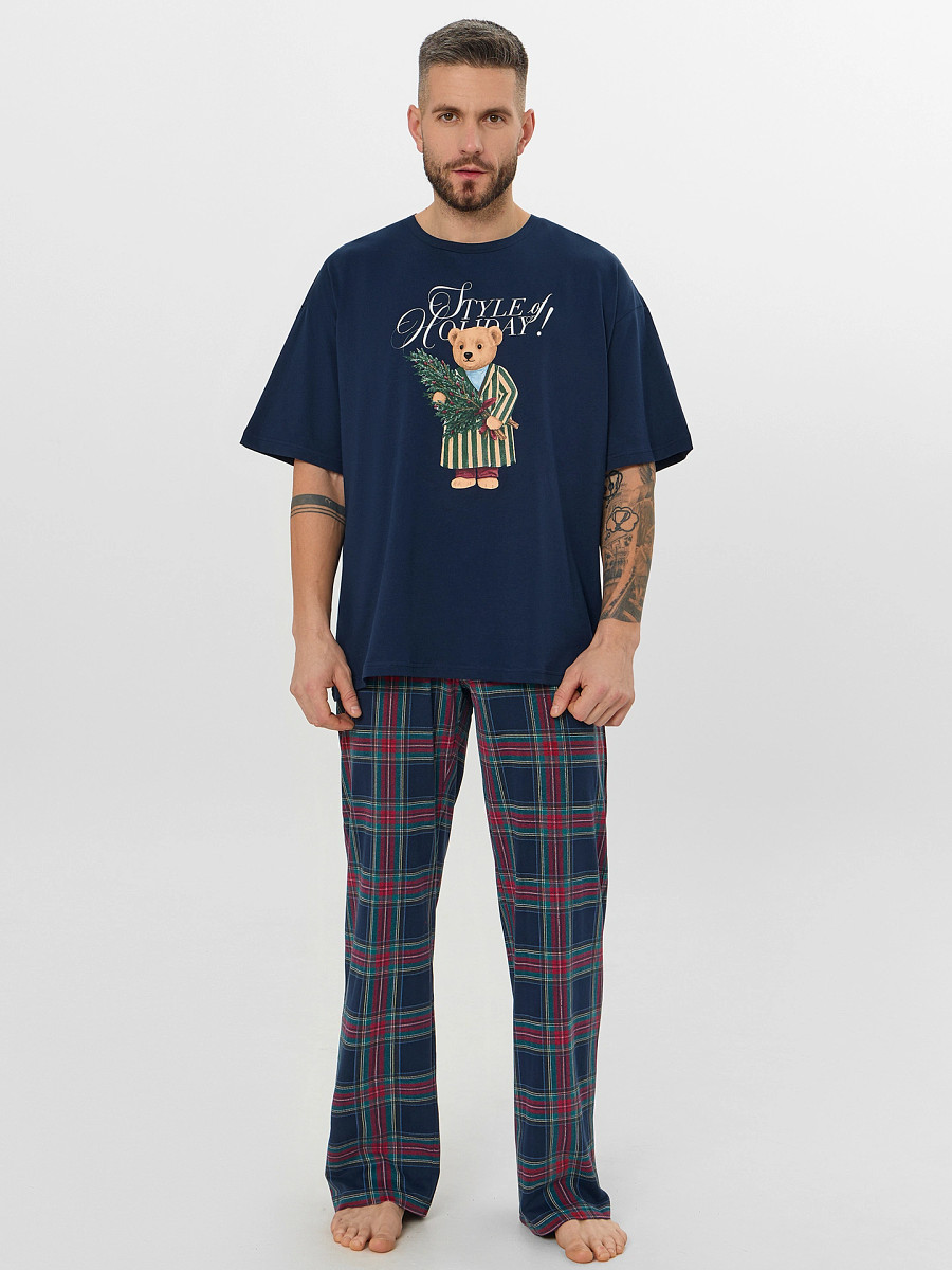 

Комплект мужской (футболка, брюки), Синий;т.синий +клетка на т.синем