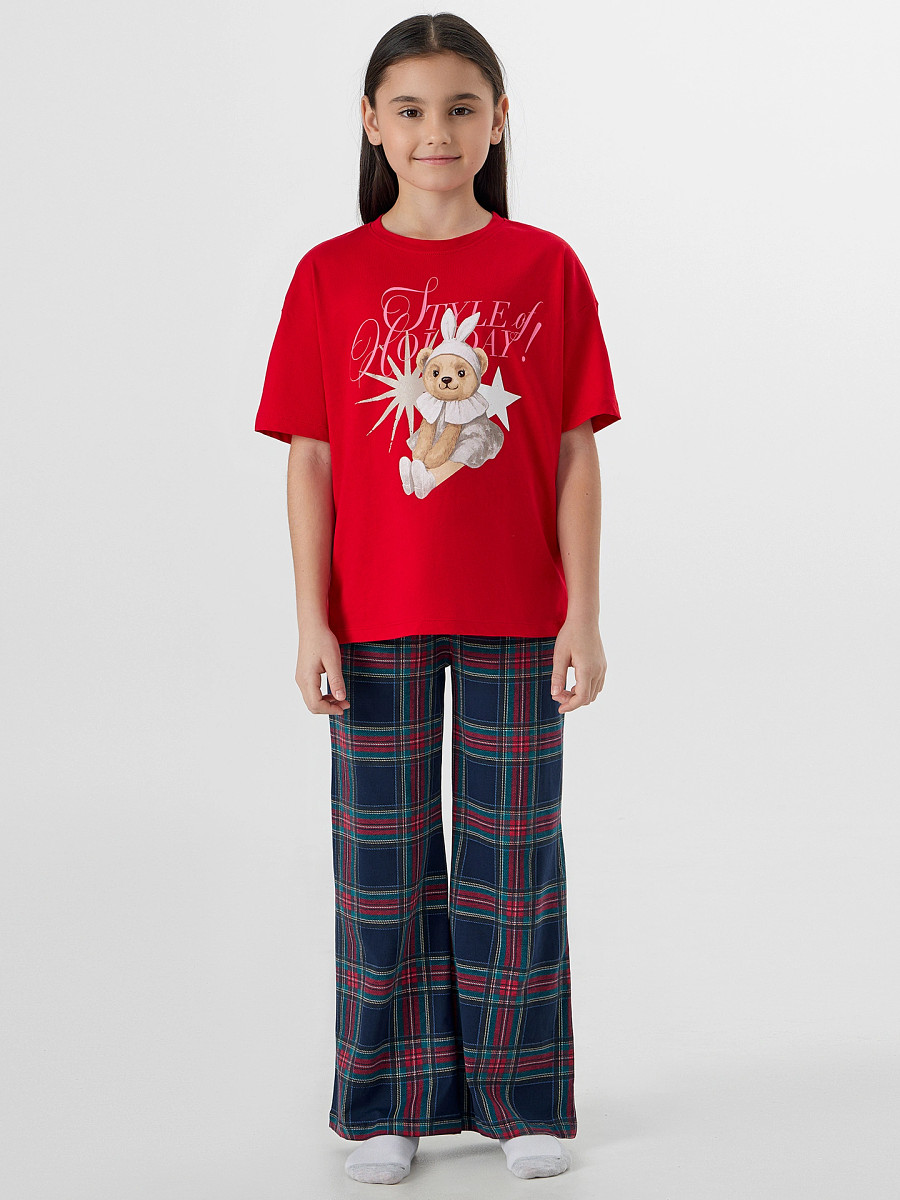 

Комплект для девочек (джемпер, брюки), Красный;красный +клетка на т.синем