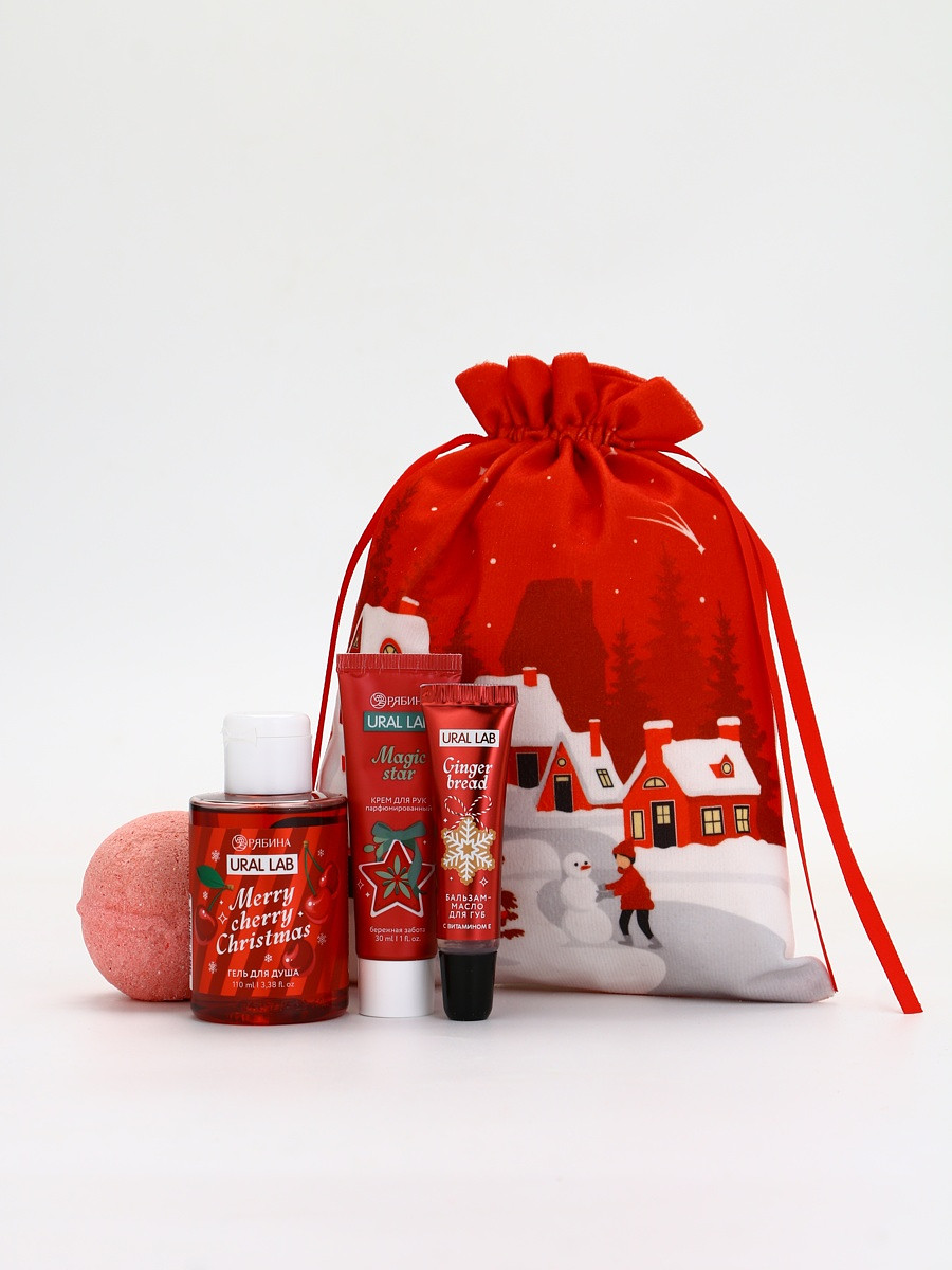 

Новогодний подарочный набор косметики в мешке, домики, ural lab, Красный