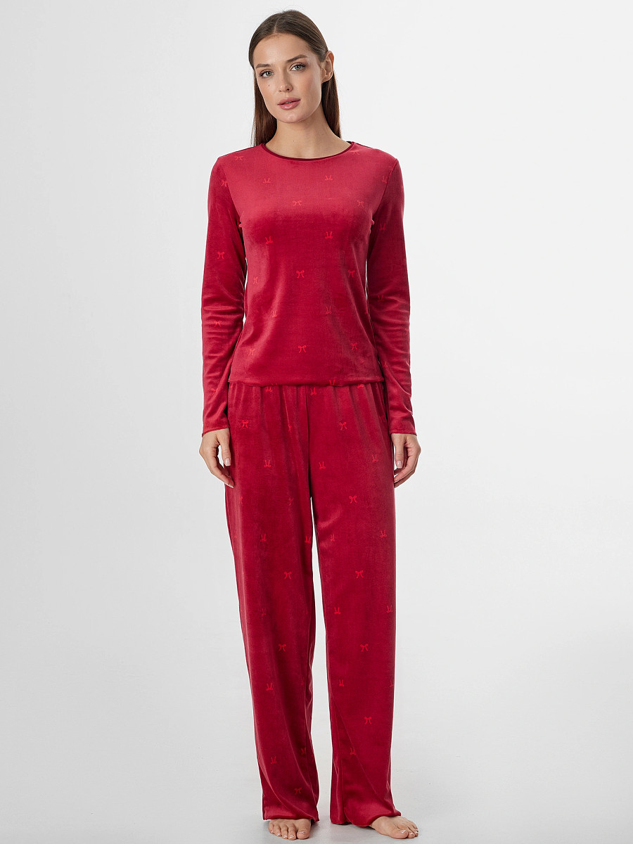 

Комплект домашний женский велюровый красный, Бантики на бордовом