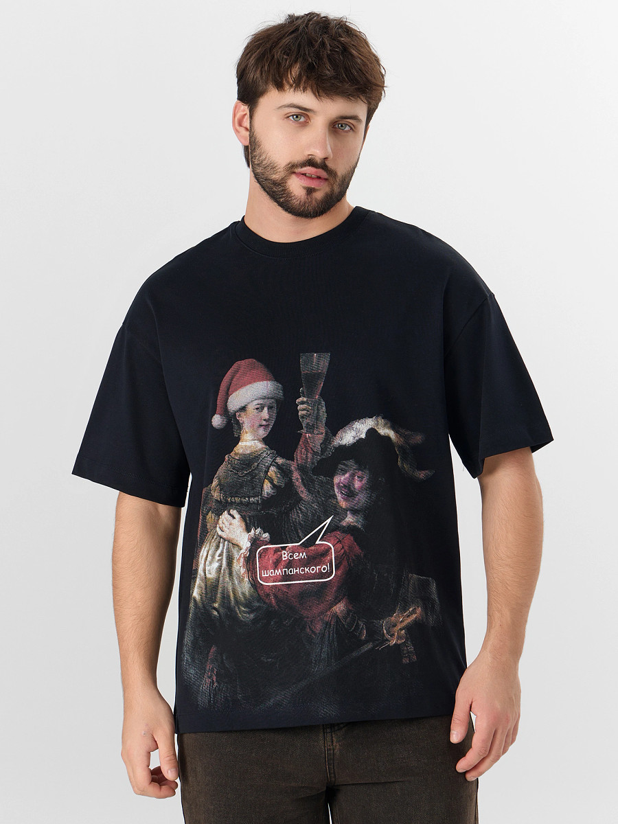 

Футболка мужская черная с новогодним принтом, Черный;черный +печать12