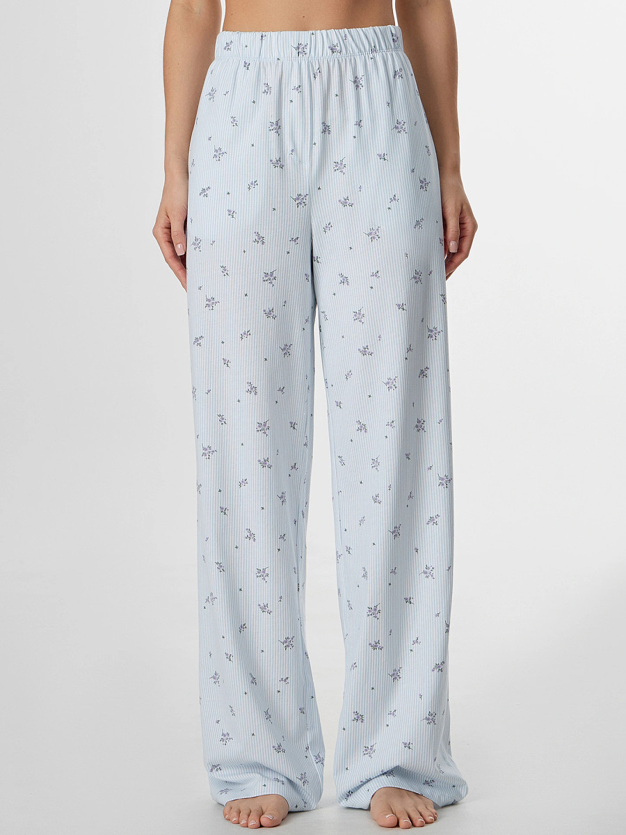 

Брюки домашние женские голубые с узором, Голубой;цветы на голубой полоске