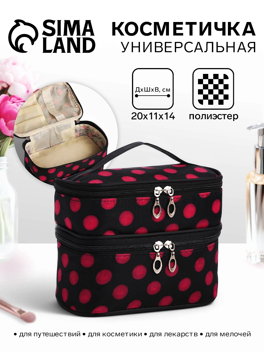 

Косметичка дорожная на молнии с ручкой, с 2 отделами, с рисунком, черная, Черный