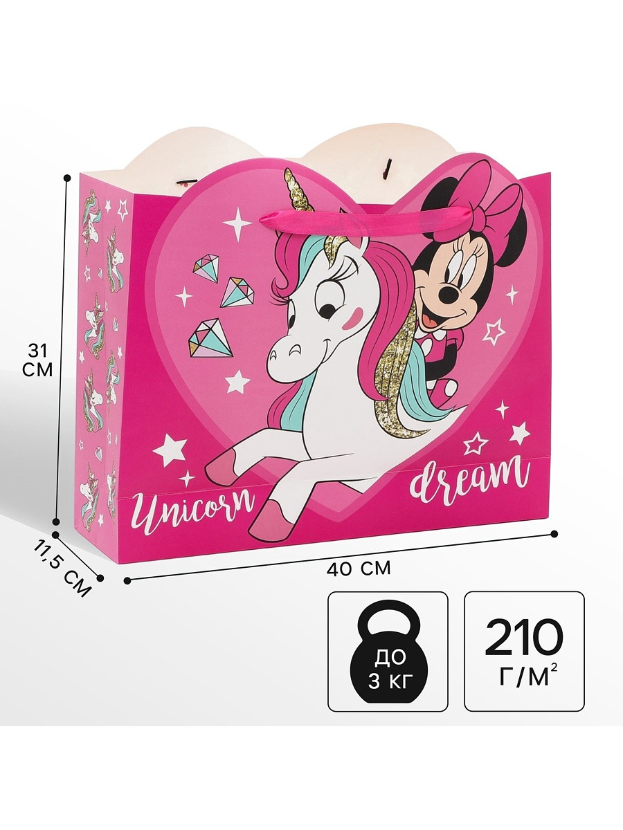 

Пакет подарочный, 40×31×11.5 см, упаковка, минни маус и единорог, Розовый