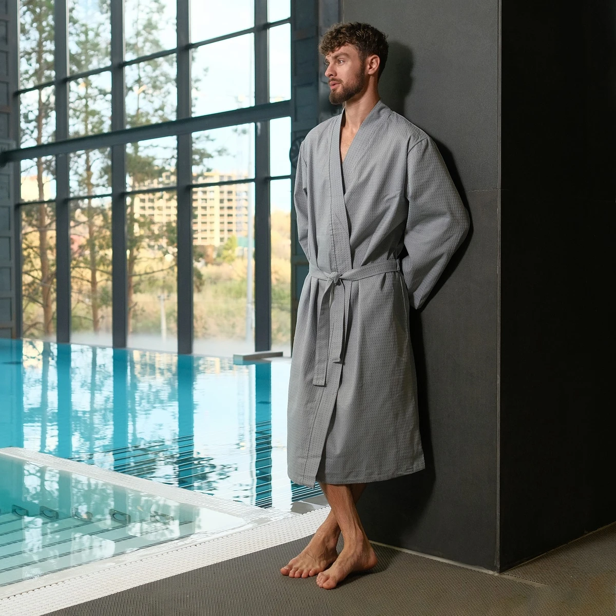 

Халат вафельный удлиненный, Серый