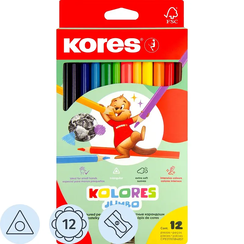 

Карандаши цветные Kores Jumbo 12 карандашей 12 цветов трехгранные (утолщенные, 93512.01)