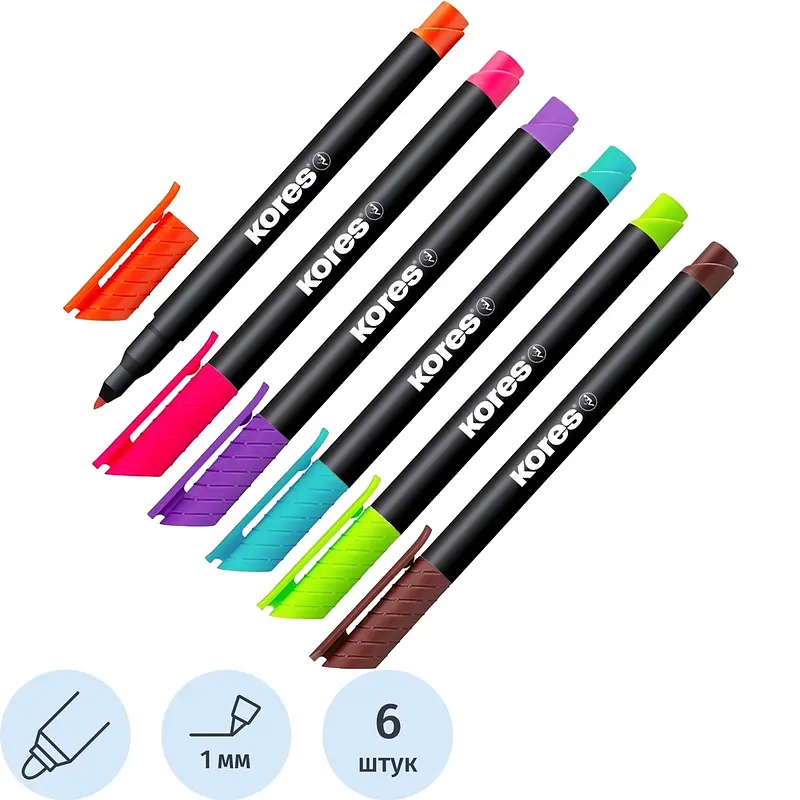 

Набор маркеров перманентных Kores 6 цветов (толщина линии 1 мм) круглый наконечник