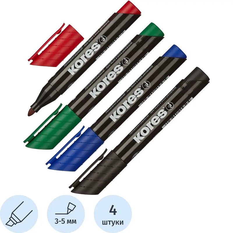 

Набор маркеров перманентных Kores 4 цвета (толщина линии 3-5 мм) скошенный наконечник