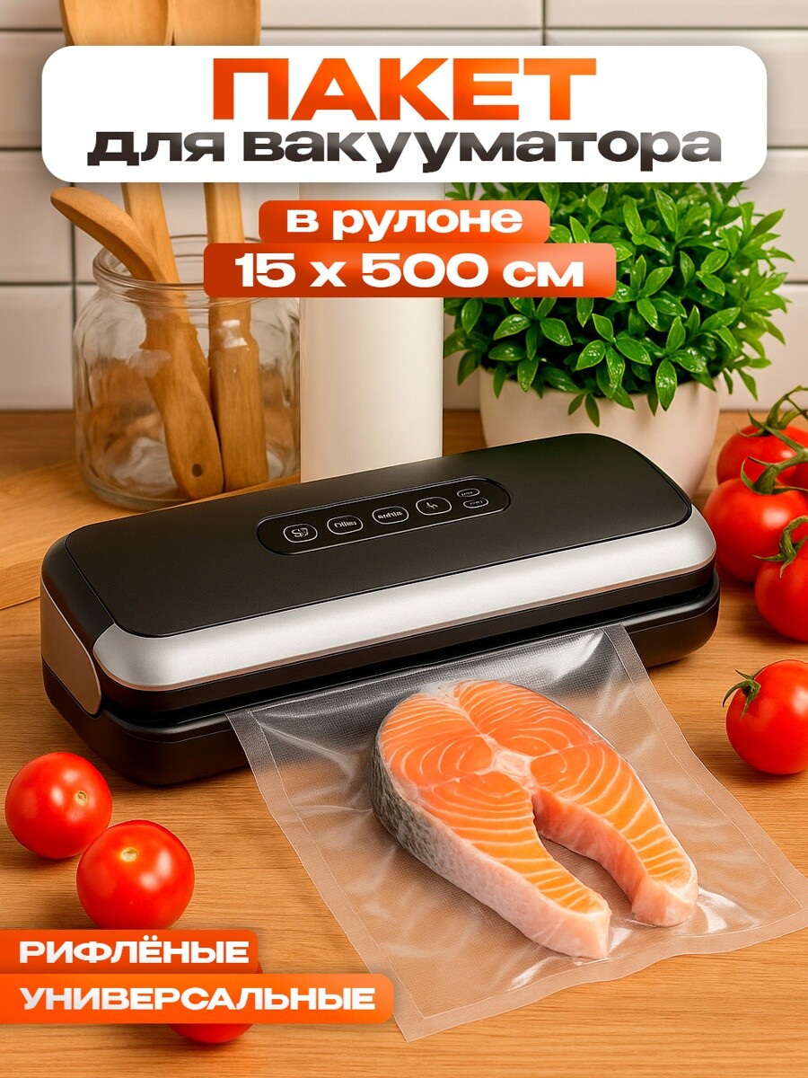 

Пакеты для вакууматора, рифленые, в рулоне, 15×500 см, Прозрачный