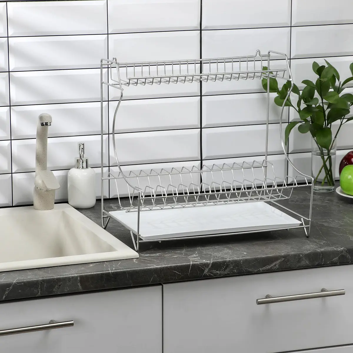 

Сушилка для посуды с поддоном 2-х ярусная, настольно-настенная, 39.5×25×38 см, хром, Хромированный