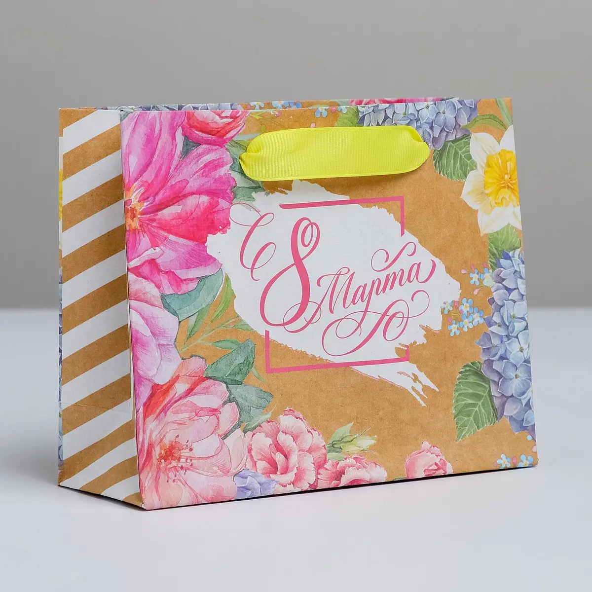 

Пакет подарочный крафтовый горизонтальный, упаковка,, Бежевый;розовый