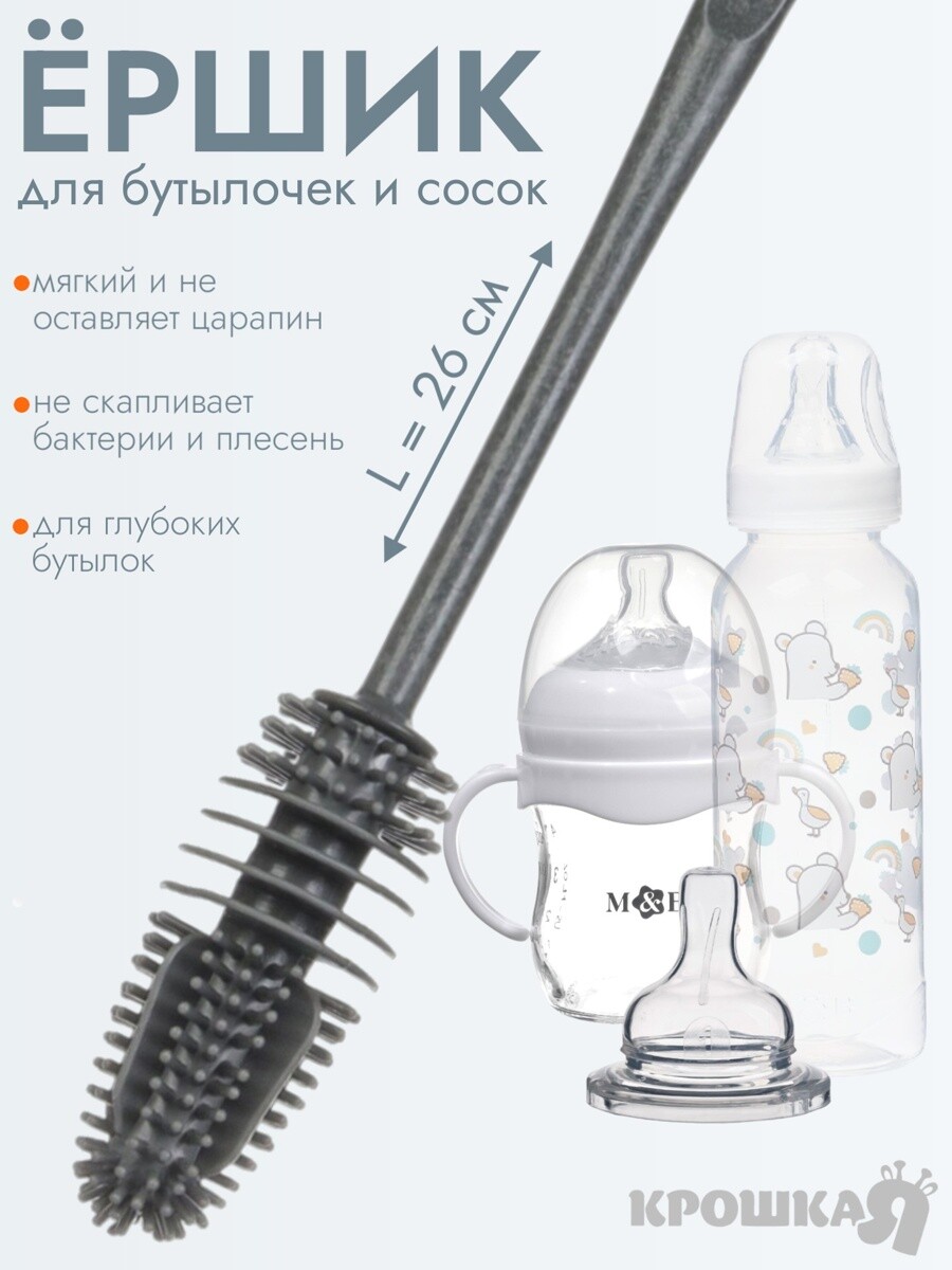 

Ёршик для бутылочек и сосок крошка я, силиконовый, серый, 26 см
