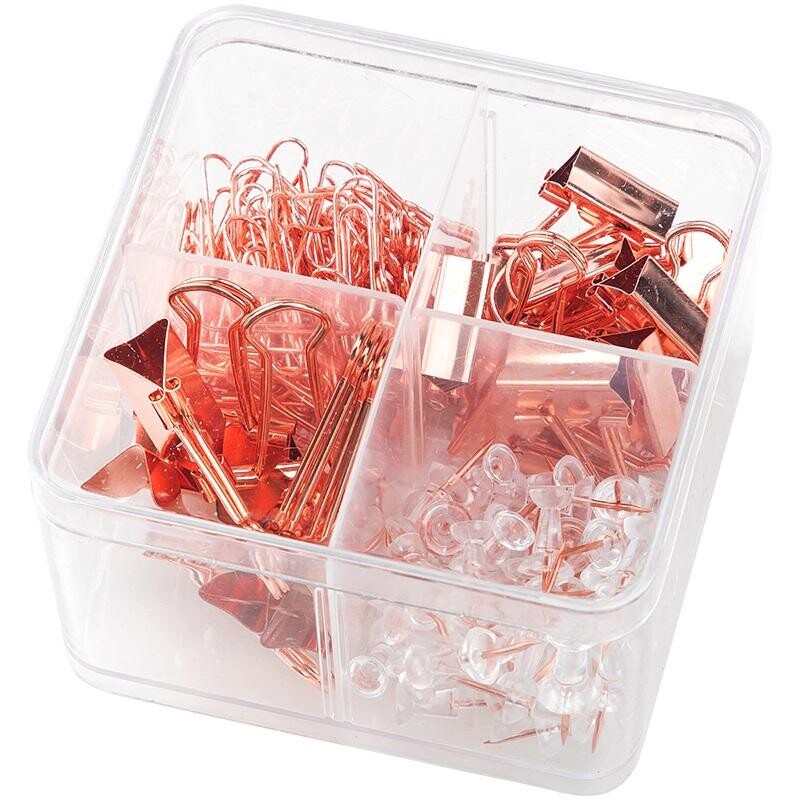 

Набор канцелярский Deli 4 отделения (кнопки 20 мм, Скрепки канцелярские 29 мм, зажимы 18 мм/25 мм), Золотистый