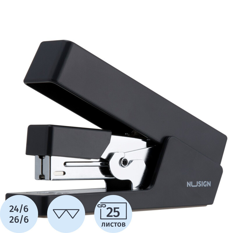 

Степлер Deli NuSign ENS081 до 25 листов темно-серый (скобы № 24/6, 26/6, энергосберегающий)
