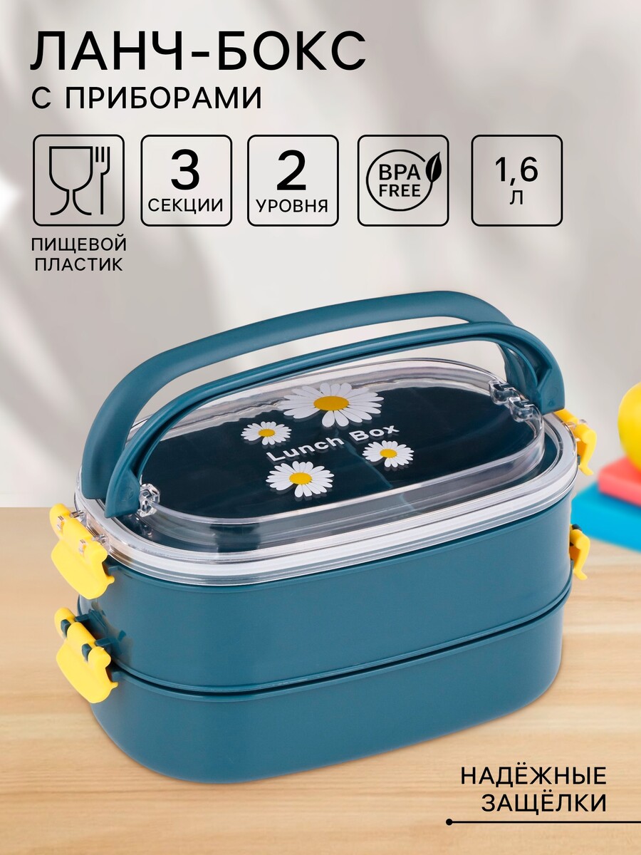 

Ланч - бокс в школу, контейнер для еды, 1.6 л, с приборами, 2 уровня, 22.5×12.5×12 см, пластик, синий, Зеленый