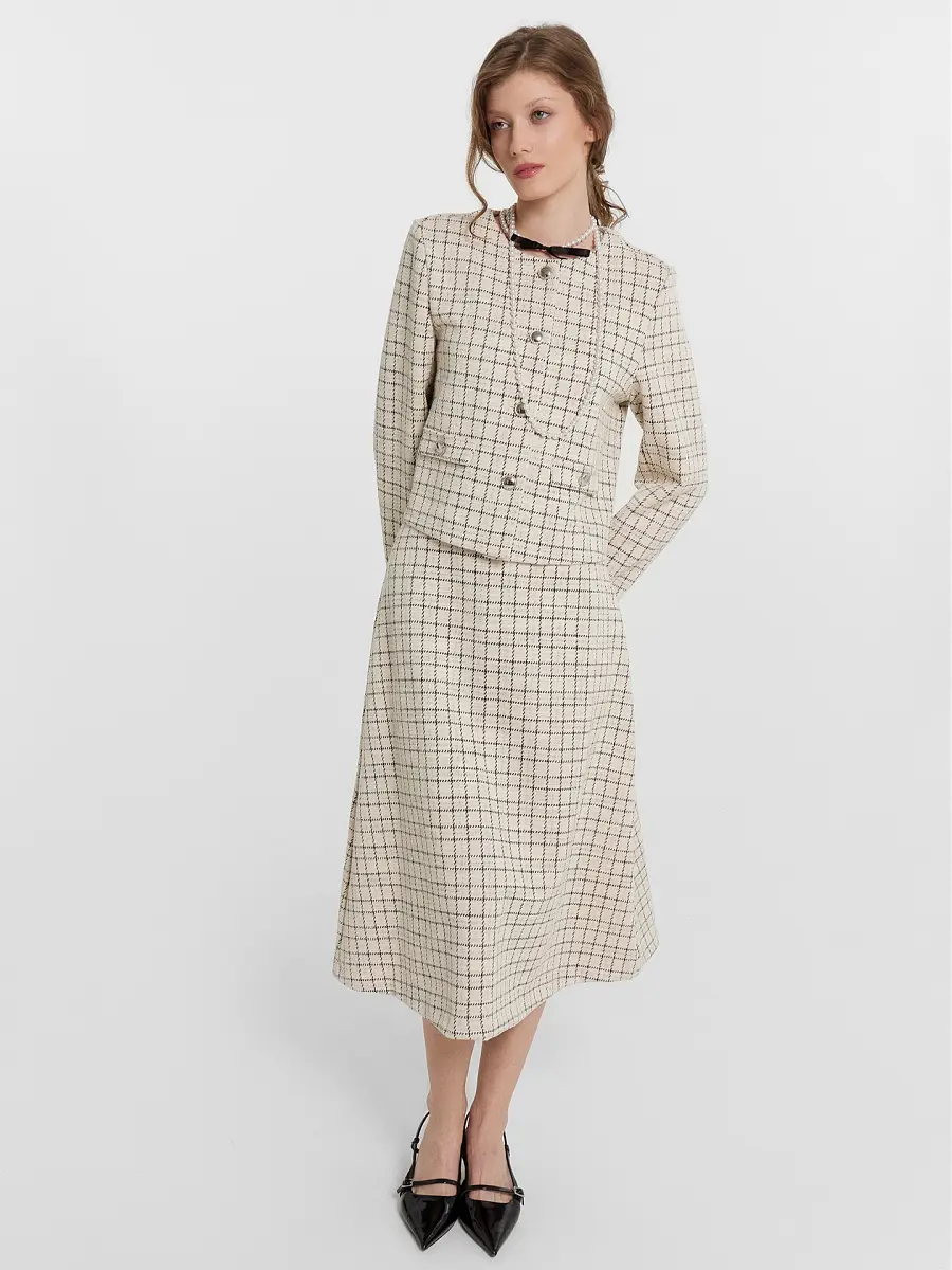 

Юбка женская бежевая в клетку, Бежевый;молочный твид