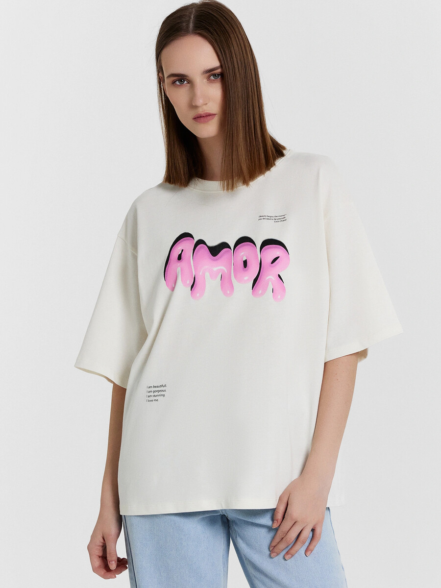 

Футболка женская кремовая с надписью, Белый;св.молочный +печать3