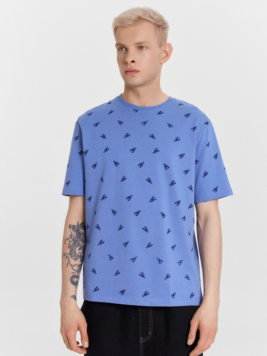 

Футболка мужская синяя с принтом, Синий;лобстеры