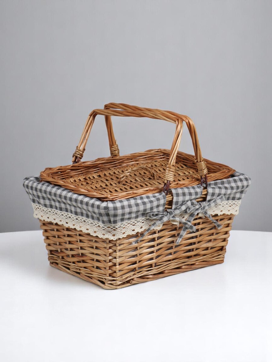 

Плетеная корзина-лукошко, ткань, 2 ручки складные (внутри металл) с крышкой. 35×26 см, н 18 см, н с ручкам, Коричневый