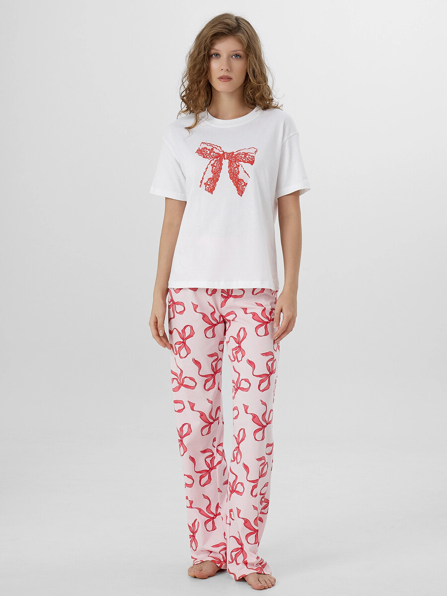 

Комплект домашний женский с бантиками, Белый;белый +бантики на вишневом +печать
