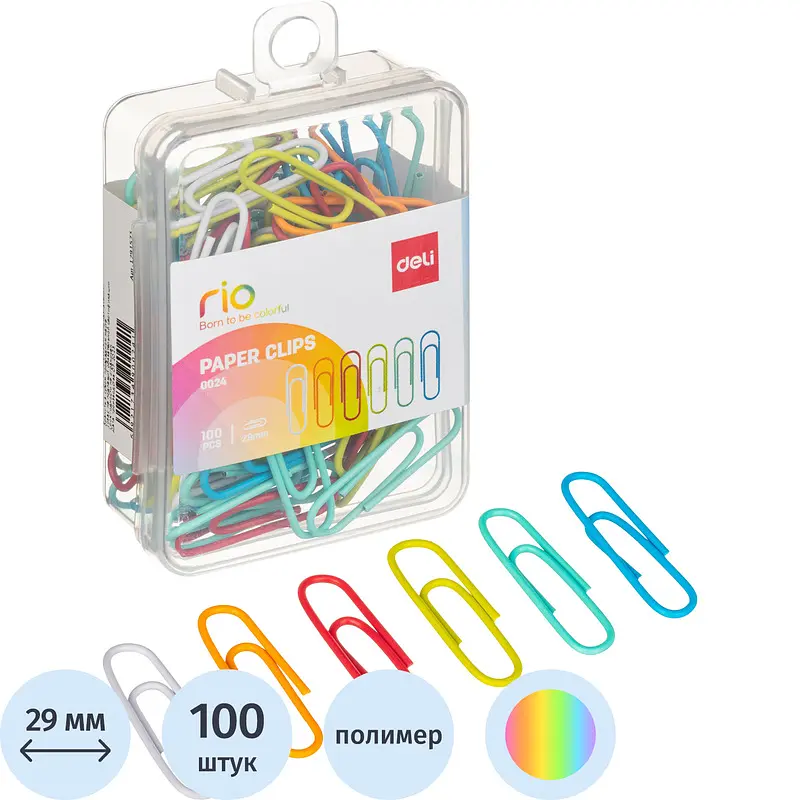 

Скрепки канцелярские 29 мм Deli E0024 металлические с полимерным покрытием (100 штук в упаковке), Разноцветный