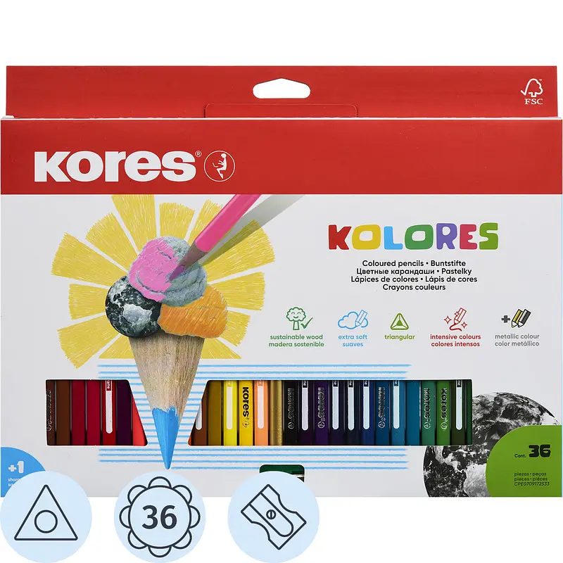 

Карандаши цветные Kores Kolores 36 карандашей 36 цветов трехгранные