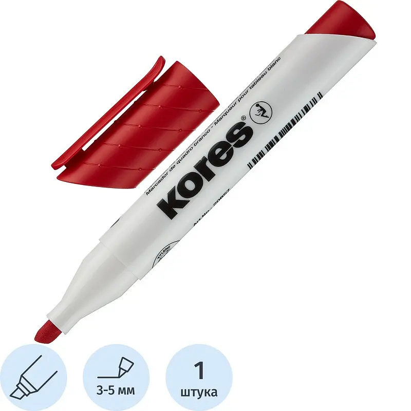 

Маркер для белых досок Kores 20857 красный (толщина линии 3-5 мм) скошенный наконечник